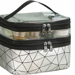 Beste deal 😉 Ecarl 2 Vaks Cosmetica Oganizer + Handvat - Cosmetica Etui - Bloemen Tasje - Travel Toilet Bag - Toilet Tas - Make Up Organizer - Wit Geometrische Patronen 😍