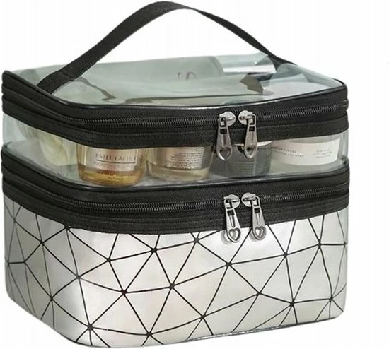 Beste deal π Ecarl 2 Vaks Cosmetica Oganizer + Handvat - Cosmetica Etui - Bloemen Tasje - Travel Toilet Bag - Toilet Tas - Make Up Organizer - Wit Geometrische Patronen π