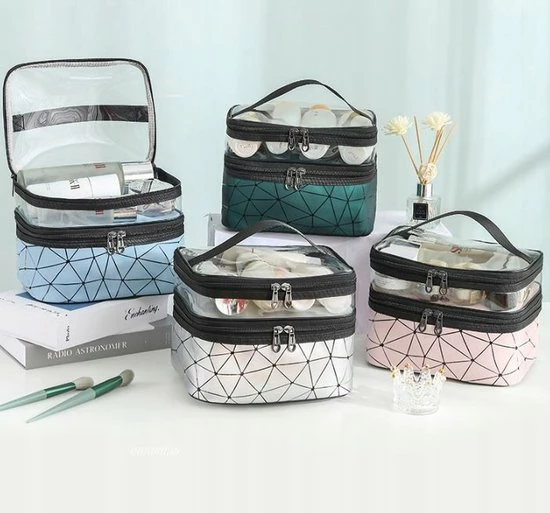 Beste deal π Ecarl 2 Vaks Cosmetica Oganizer + Handvat - Cosmetica Etui - Bloemen Tasje - Travel Toilet Bag - Toilet Tas - Make Up Organizer - Wit Geometrische Patronen π - Afbeelding 2