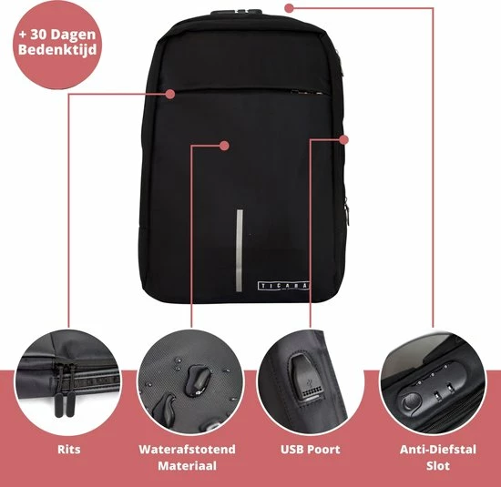 Hete verkoop ???? Ticaba Smith - Waterafstotende Anti Diefstal Laptop Rugzak Inclusief Usb Oplaadstation - 14 T/m 15,6 Inch - Rugtas Voor Dames En Heren - Zwart ❤️ 5 Hete verkoop ???? Ticaba Smith - Waterafstotende Anti Diefstal Laptop Rugzak Inclusief Usb Oplaadstation - 14 T/m 15,6 Inch - Rugtas Voor Dames En Heren - Zwart ❤️ - Afbeelding 3