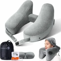 Kopen ???? Sunany Nekkussen, Opblaasbaar Reiskussen, Ondersteunt Comfortabel Hoofd, Nek En Kin, Vliegtuigkussen Met Zachte Velours, Hoed, Draagbaar Trekkoord, 3D-oogmasker En Oordopjes (grijs) ????